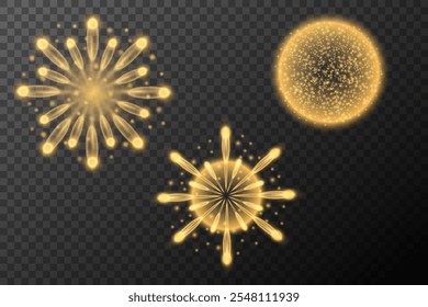 Golden fireworks explosion. Holiday decoration. Golden light effect. Vector set of elements