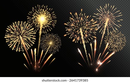 Golden fireworks explosion on transparent background vector illustration
