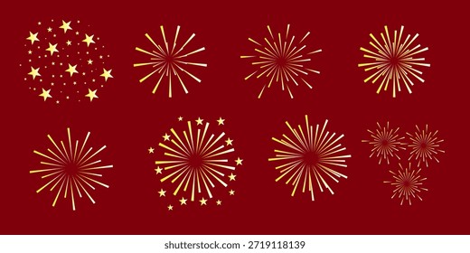 Golden fireworks flat vector isolated, set elements sparks for banner, decoration
