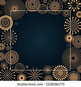 Golden fireworks frame, bright on dark background, with copy space. Flat style vector illustration. Abstract geometric design. Concept for New Year, birthday greeting card, poster, banner, flyer