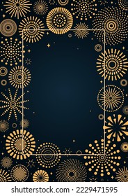 Golden fireworks frame, bright on dark background, with copy space. Flat style vector illustration. Abstract geometric design. Concept for New Year, birthday greeting card, poster, banner, flyer