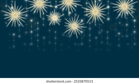 Golden fireworks illuminate a deep blue night sky, with a scattering of stars to enhance the festive and magical atmosphere. Ideal for holiday celebrations, New Year’s events, and decorative designs.
