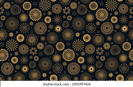 Golden fireworks in night sky seamless pattern, bright on dark blue background. Flat style vector illustration. Abstract geometric design. Concept for festive wallpaper, wrapping paper, backdrop.
