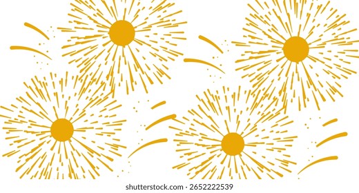 Golden fireworks on white background, Vector clipart of modern simple style confetti fireworks celebration banner for Christmas, new year, holiday, birthday, anniversary, victory, party, carnival.