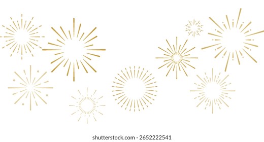 Golden fireworks on white background, Vector clipart of modern simple style confetti fireworks celebration banner for Christmas, new year, holiday, birthday, anniversary, victory, party, carnival.