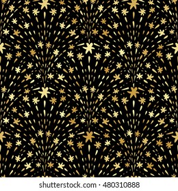 Golden fireworks seamless background. Repeatable motif with abstract star and splash elements. Doodle style pattern. Vector illustration.