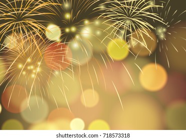 Golden fireworks set on blurry background. Design for celebration Christmas and  new year event in vector illustration