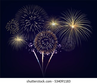 Golden fireworks set on twilight background. Design for celebration event in vector illustration