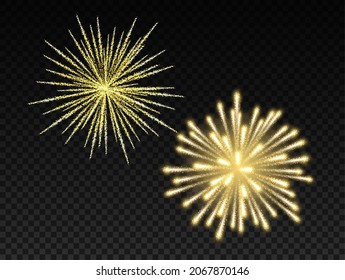 Golden fireworks, sparkles flashes over dark transpatent background for festive celebration, new year eve, carnival or festival. Realistic 3d vector illustration