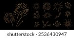 Golden fireworks and stars hand drawn decor elements collection. Linear vector explosions set. Doodle sketch on black background. 