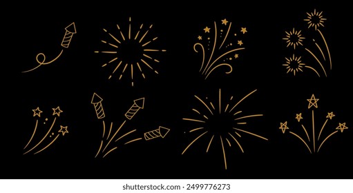 Golden fireworks and stars hand drawn decor elements collection. Doodle sketch on black background. Linear vector explosions set.