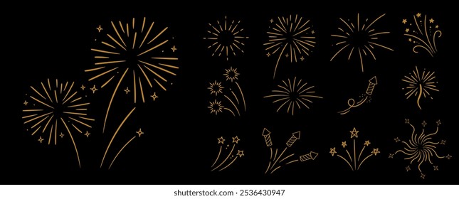 Golden fireworks and stars hand drawn decor elements collection. Linear vector explosions set. Doodle sketch on black background. 