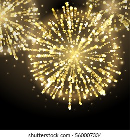 Golden fireworks Vector illustration Three flare of sparkling golden fireworks on black background Realistic style