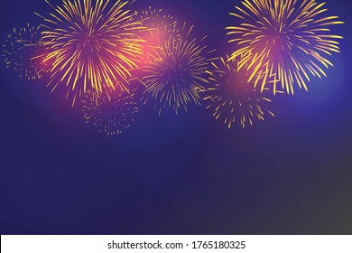 Golden fireworks vector on dark blue background with sparking bokeh