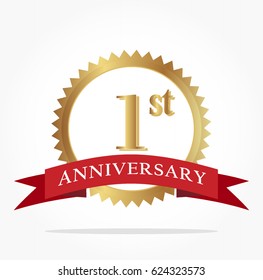golden first anniversary logo vector with red ribbon and shadow effect