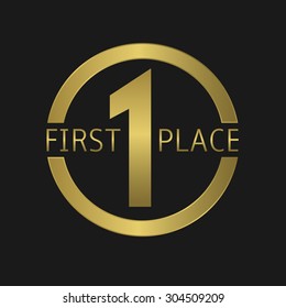 Golden First Place award label. Vector illustration