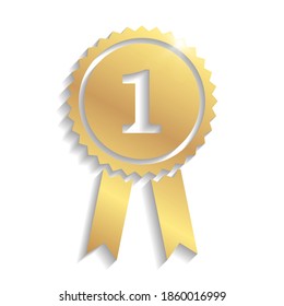 Golden first place award with shadows and highlights isolated on a white background.