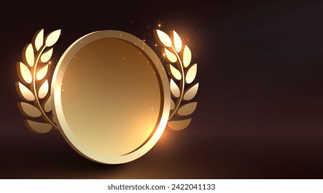 Golden first place award sign. Winners emblem. Best choice medal. Vector illustration