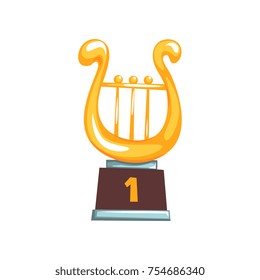 Golden first place trophy with lyre on brown base. Grand prize for outstanding achievements in music industry. Academic award icon. Cartoon flat vector illustration isolated on white background.