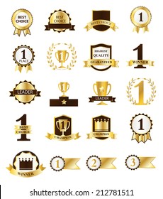 Golden First Place Winner and Best Choice ribbons and badges, vector illustration