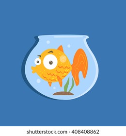 Golden Fish In Aquarium Funny Flat Vector Illustration In Creative Applique Style 