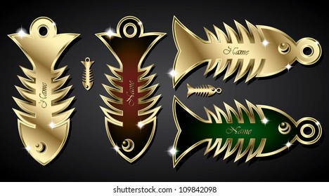 Golden fish bone pendant for cat - vector illustration