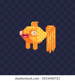 Golden Fish Cartoon Pixel Art Icon. Video Game Sprite. Element Design For Mobile App And Sticker. Isolated Vector Illustration. 