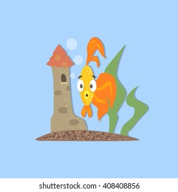 Golden Fish With Castle Funny Flat Vector Illustration In Creative Applique Style 