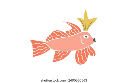 Golden fish with crown. Cartoon illustration for fairy tale and magic story