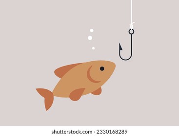 A golden fish curious about metal hook, a fishing concept