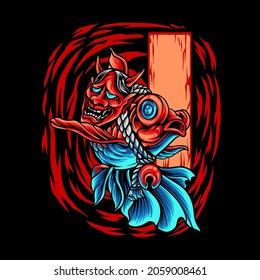 Golden Fish With Devil Mask Illustration for your business or merchandise