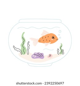 Golden fish in fishbowl, seashell, seaweed in abstract doodle aquarium. Domestic water animal with cute face. Vector isolated illustration in pastel colors.