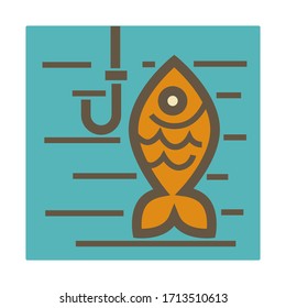 Golden fish with hook in water isolated icon vector. Fishing hobby symbol, underwater sea animal catch, fishery tool and seafood. Scales and flippers or tail, leisure or sport, outdoor pastime