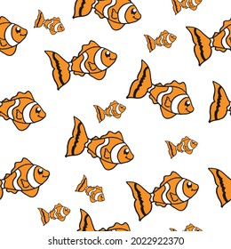 golden fish illustration on white background. hand drawn vetor. cute and funny fish, orange with black and white color. seamless pattern. doodle art for wallpaper, backdrop, fabric, wrapping paper. 