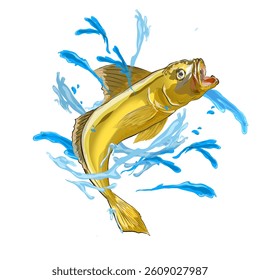 a golden fish jumped out of the water without a background