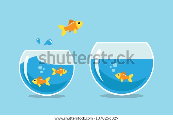 Golden fish jumping to other fishbowl.\
Vector illustration.