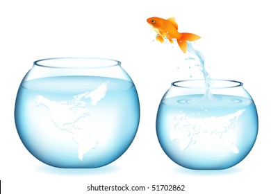 Golden Fish Jumping To Other Globe Aquarium, Isolated On White
