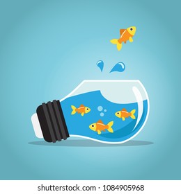 Golden fish jumping outside the fishbowl bulb. Vector illustration.