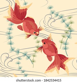 Golden fish. Koi. Oriental seamless pattern. Wallpaper. Vector.