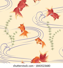 Golden fish. Koi. Oriental seamless pattern. Wallpaper. Vector.