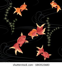 Pescado dorado. Koi. Patrón oriental sin costuras. Fondo de escritorio. Vector.