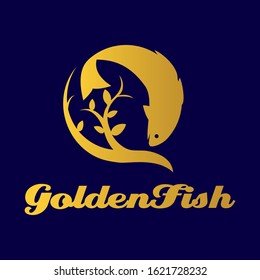 Golden Fish Logo Template. This jumping fish form a circle with a leaves-budded branch.