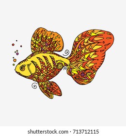 Golden fish on white background. Cartoon icon. Hand drawn vector stock illustration