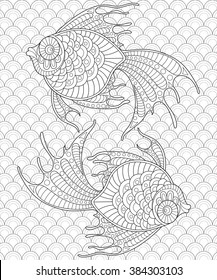 Golden fish. Pisces. Adult antistress coloring page. Black and white hand drawn doodle for coloring book