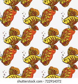 Golden fish. Seamless background pattern. Hand drawn vector stock illustration