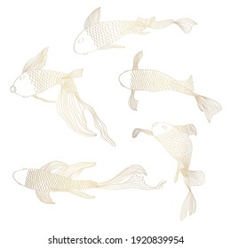 Golden fish set, hand drawing. Beautiful Japanese Koi carps fish on a white background. Fish for tattoo or wallpaper. 