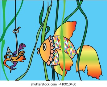 The Golden Fish is Surprised as it Meets Three Worms on a Hook and Can't Decide Whether to Eat Them or to Have a Talk Whereas the Three for Their Turn are Scared but try to Frighten the Fish.