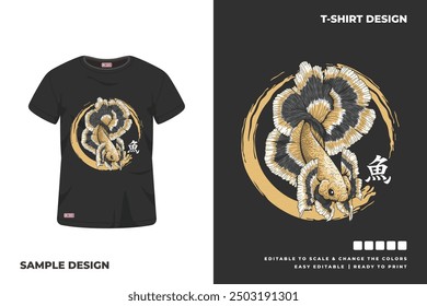 Vector de diseño de camiseta de pescado dorado Letra kanji significa pescado