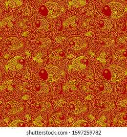 golden fish vector seamless red pattern 