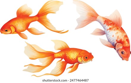 Golden fish Watercolor painting isolated. Watercolor hand painted cute animal illustrations. Gold fish isolated on white background